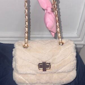 Aldo Cream Faux Fur Shoulder Bag with Gold Chain